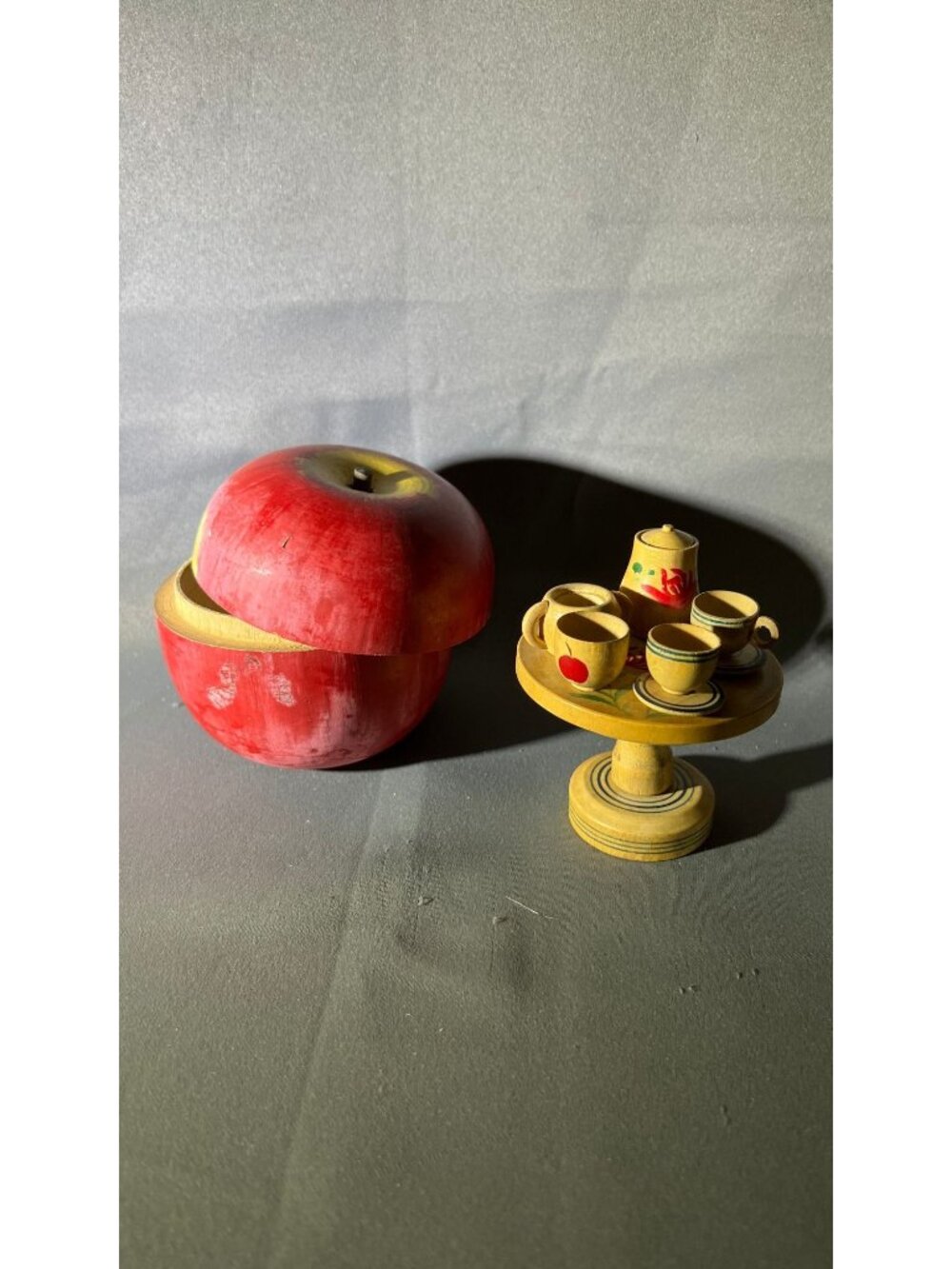 Wooden Apple Container & Miniature Tea Set Vibrant Hand-Painted - Missing Pieces